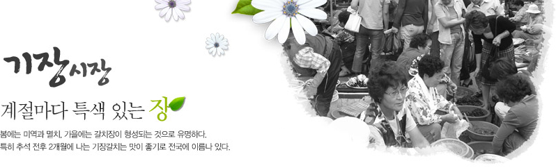 기장시장 계절마다 특색 있는 장 봄에는 미역과 멸치, 가을에는 갈치장이 형성되는 것으로 유명하다. 특히 추석 전후 2개월에 나는 기장갈치는 맛이 좋기로 전국에 이름나 있다.