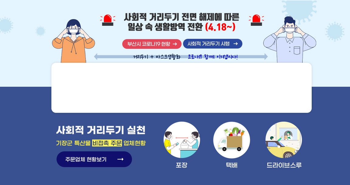 기장군 코로나19현황 - 부산시 코로나19 현황, 사회적 거리두기 시행, 사회적 거리두기 실천:기장군 특산물 비접촉 주문 업체현황(포장, 택배, 드라이브스루)-주문업체 현황보기