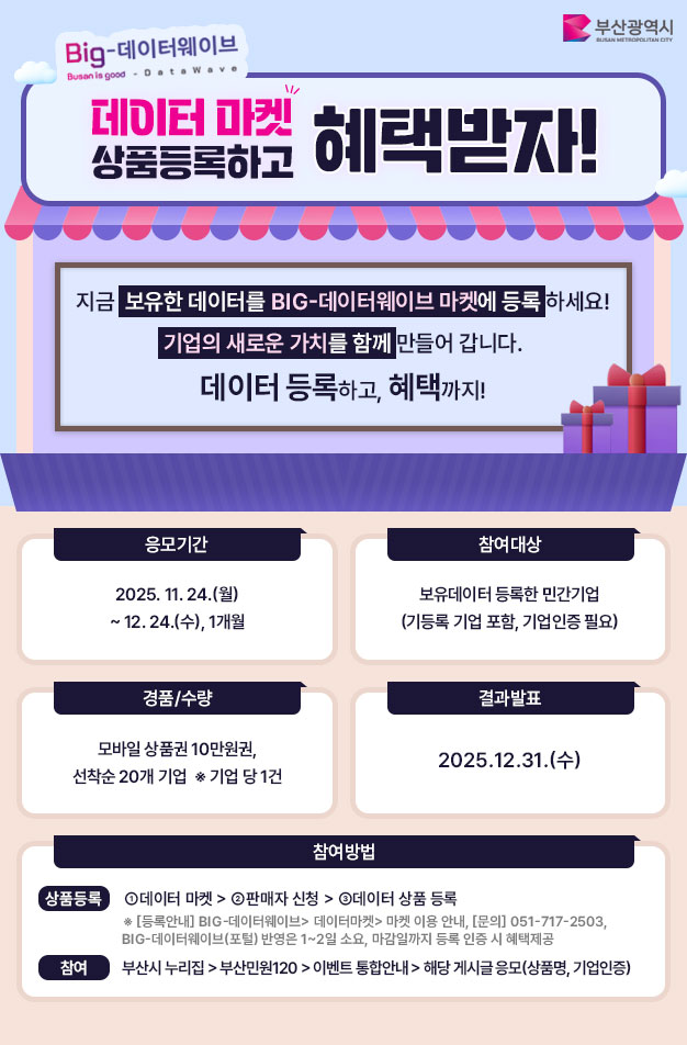 부산시 Big 데이터웨이브 데이터 마켓 상품등록 이벤트 안내(기업 대상) 첨부 이미지