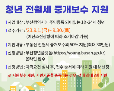  청년 전월세 중개보수 지원 사업대상 : 부산광역시에 주민등록 되어있는 18~34세 청년 접수기간 : ‘23.9.1.(금)~ 9.30.(토) (예산소진상황에 따라 조기마감 가능) 지원내용 : 부동산 전월세 중개보수의 50% 지원(최대 30만원) 신청방법 : 부산청년플랫폼(https://young.busan.go.kr) 온라인 접수 선정방법 : 자격요건 심사 후, 접수 순서에 따라 지원 대상 선정 ※ 지원횟수 제한: 지원기준을 충족하는 경우, 생애 최대 3회 지원