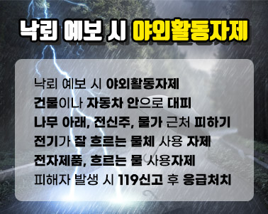  낙뢰 예보 시 야외활동자제 
건물이나 자동차 안으로 대피
나무 아래, 전신주, 물가 근처 피하기
전기가 잘 흐르는 물체 사용 자제
전자제품, 흐르는 물 사용자제
피해자 발생 시 119신고 후 응급처치
